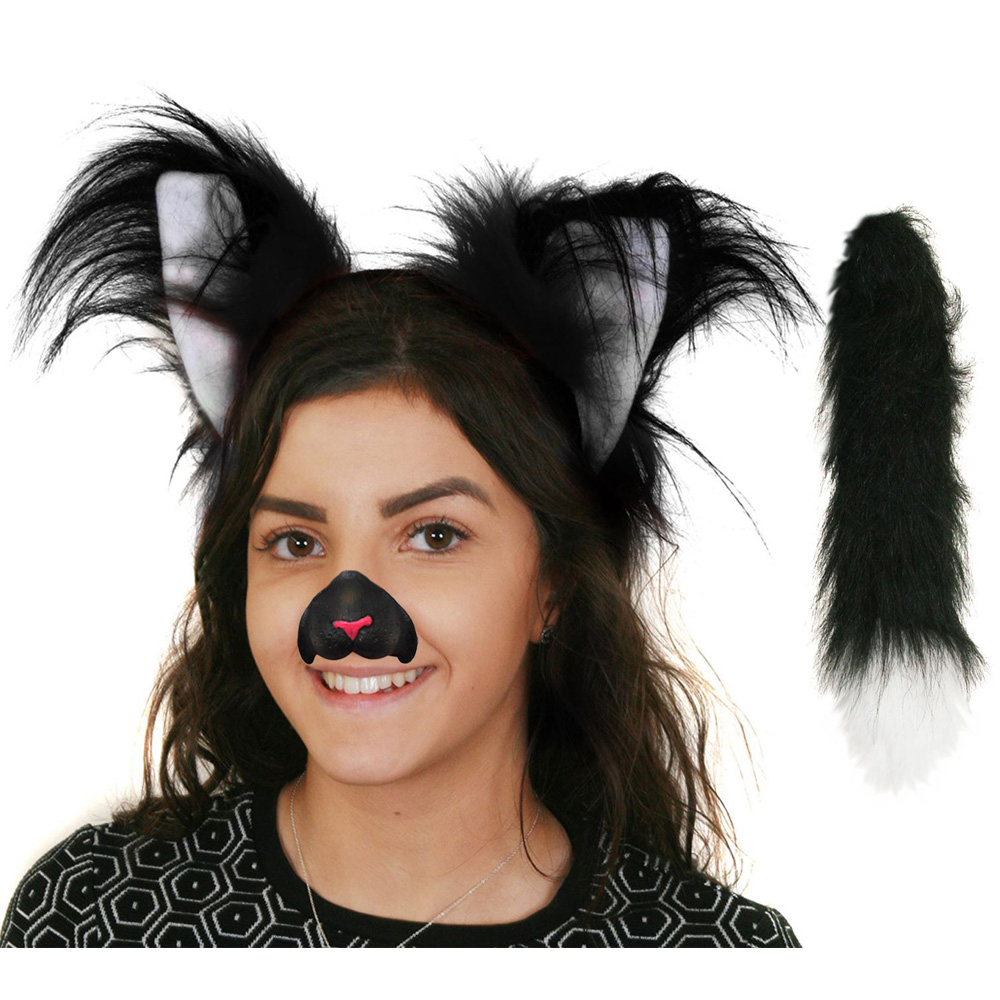 Black Cat Set Ears on Headband + Nose + Deluxe Tail I Love Fancy Dress